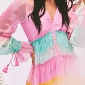 ROCOCO SAND Zale Metallic Pastel High-Low Rainbow Maxi Dress Swim Cover Up XS